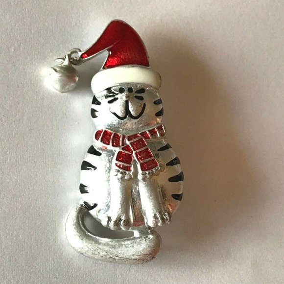 Vtg Santa Christmas Cat Brooch Pin Red Hat Scarf Bell Kitty Silver Plated Enamel - Picture 7 of 9